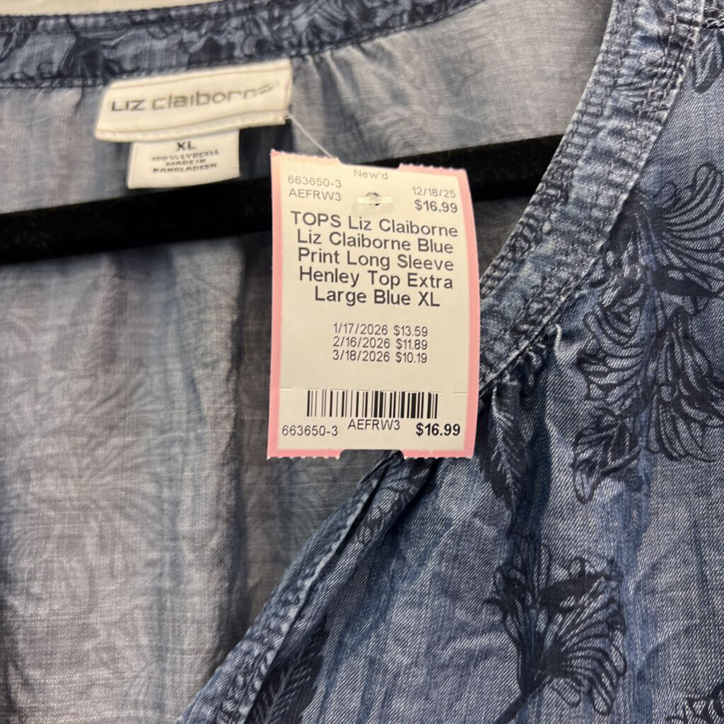 Liz Claiborne Blue Print Long Sleeve Henley Top Extra Large