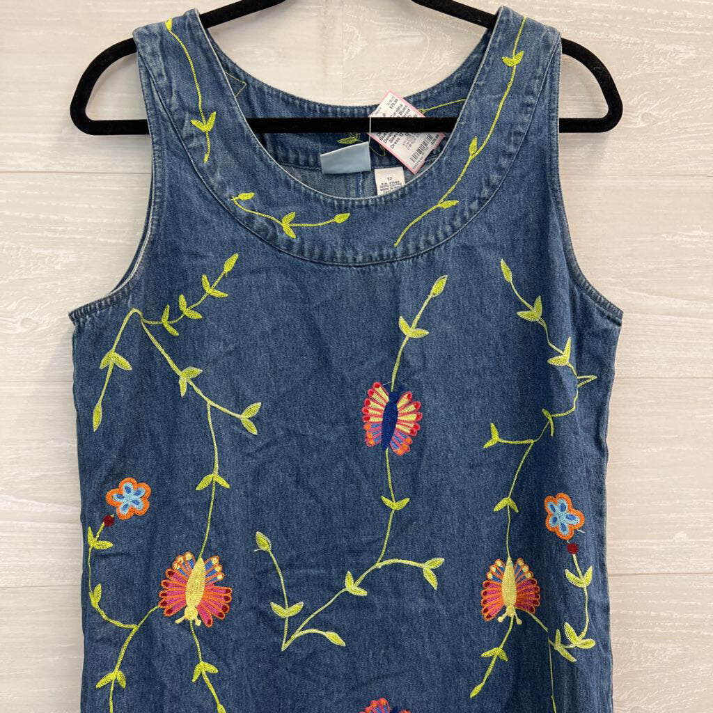 Carolina Blues Denim Embroidered Sleeveless Shift Dress 12