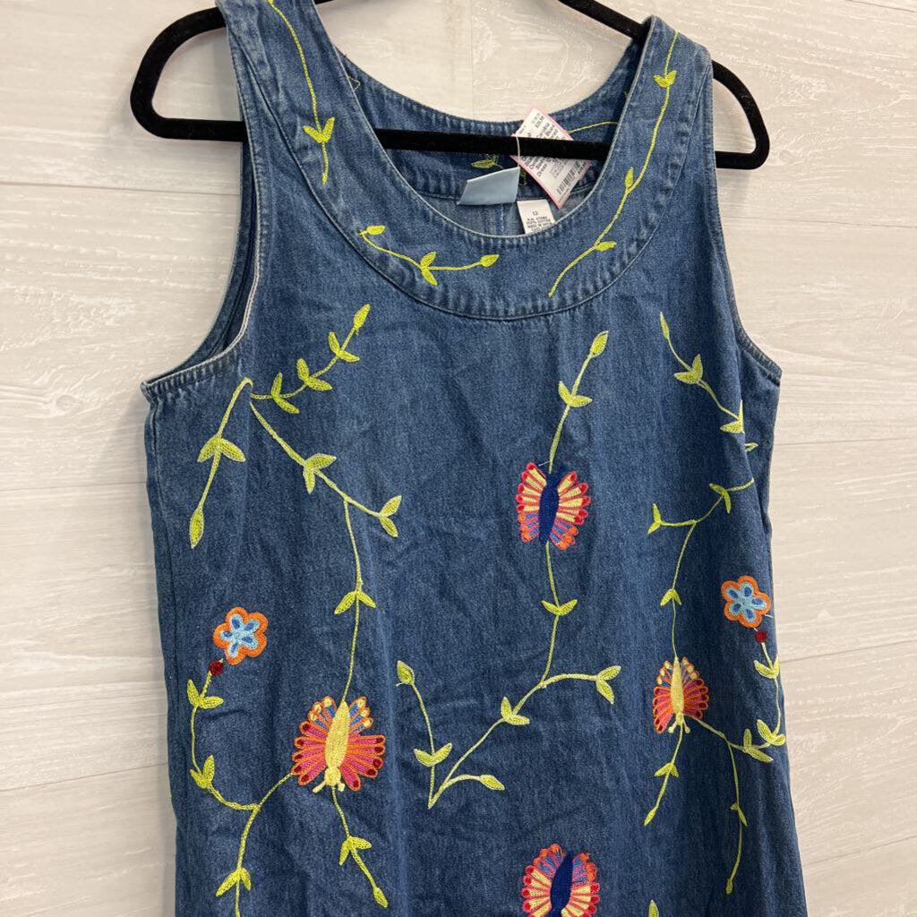 Carolina Blues Denim Embroidered Sleeveless Shift Dress 12