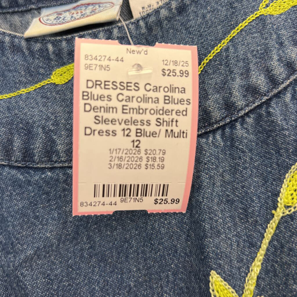 Carolina Blues Denim Embroidered Sleeveless Shift Dress 12