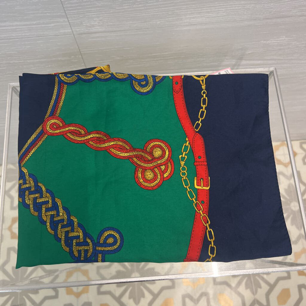Navy/ Green/ Red Silky Print Square Scarf