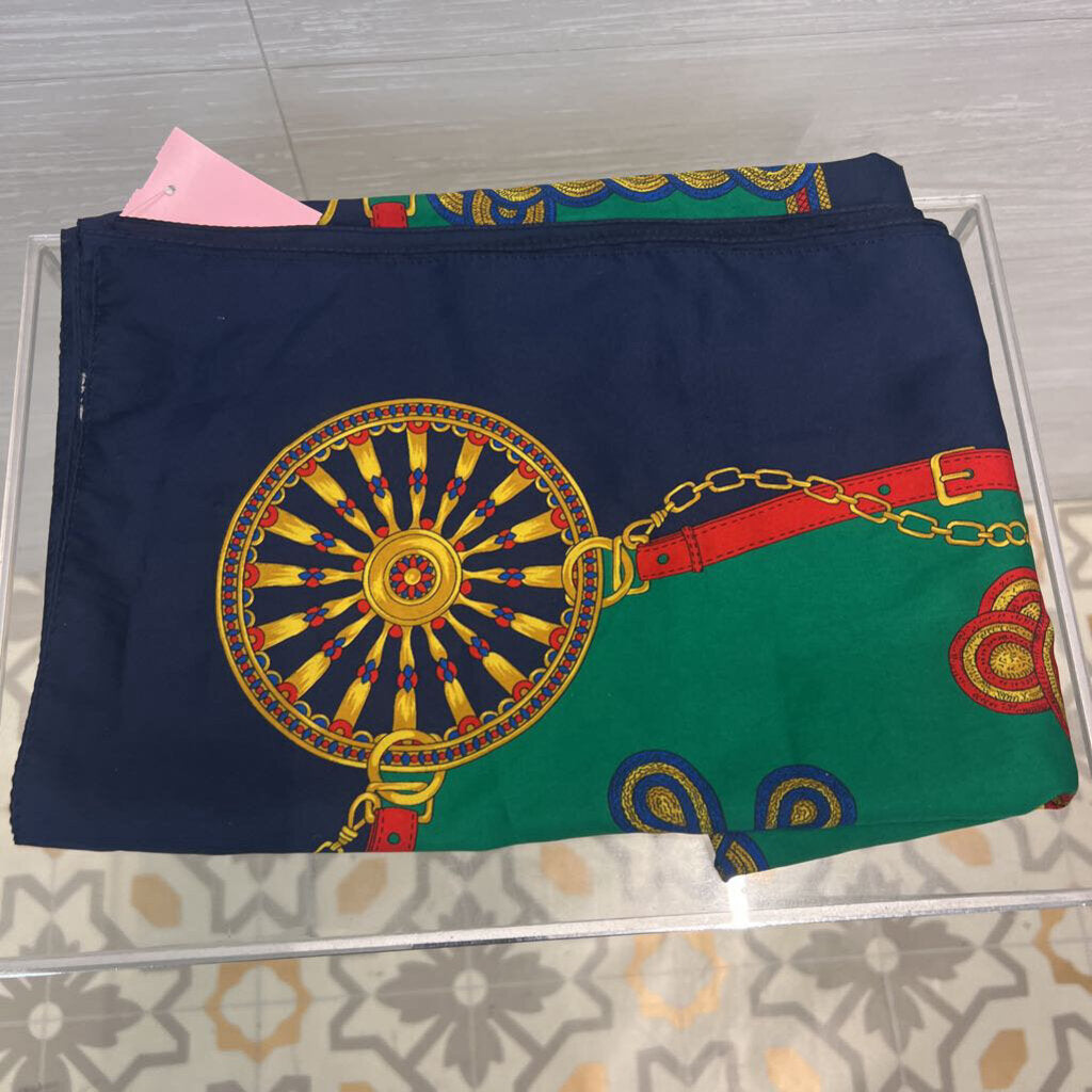 Navy/ Green/ Red Silky Print Square Scarf