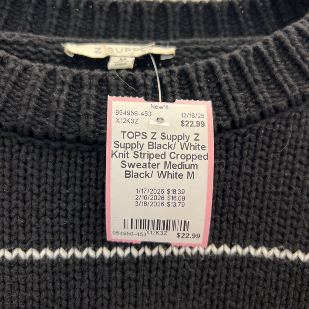 Z Supply Black/ White Knit Striped Cropped Sweater Medium