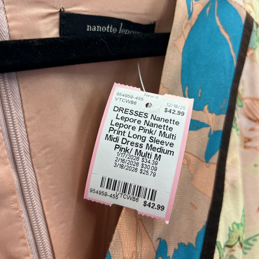 Nanette Lepore Pink/ Multi Print Long Sleeve Midi Dress Medium
