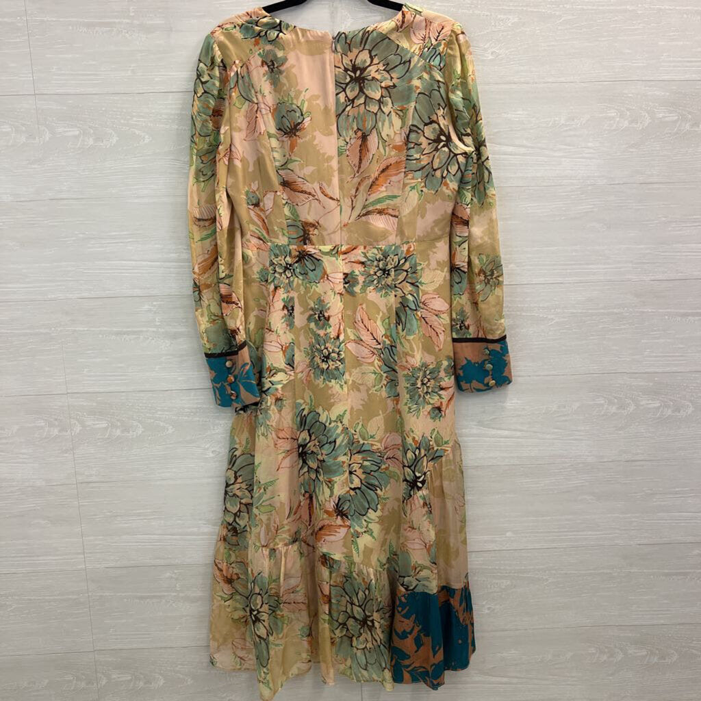 Nanette Lepore Pink/ Multi Print Long Sleeve Midi Dress Medium