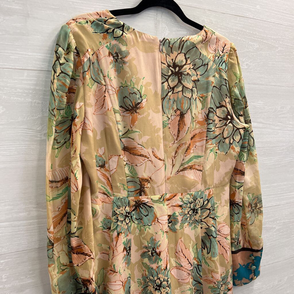 Nanette Lepore Pink/ Multi Print Long Sleeve Midi Dress Medium