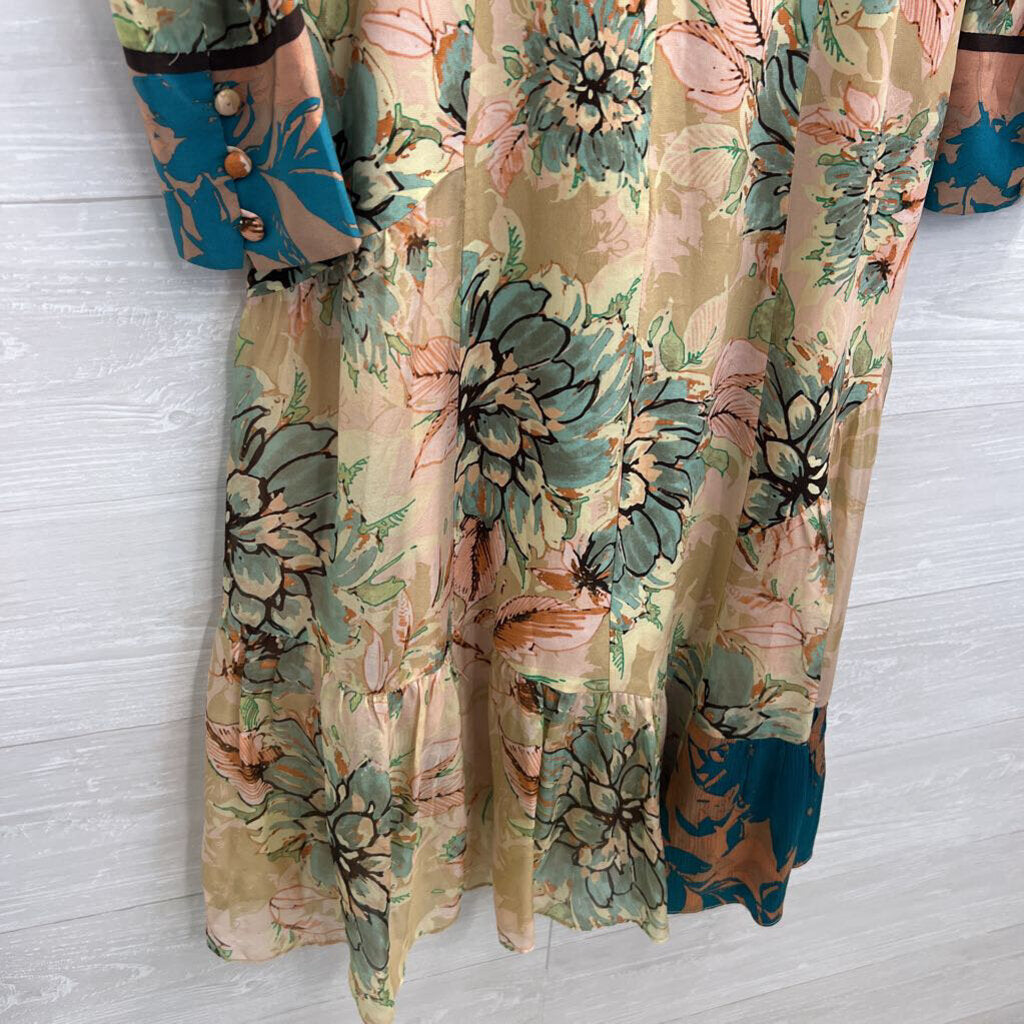 Nanette Lepore Pink/ Multi Print Long Sleeve Midi Dress Medium