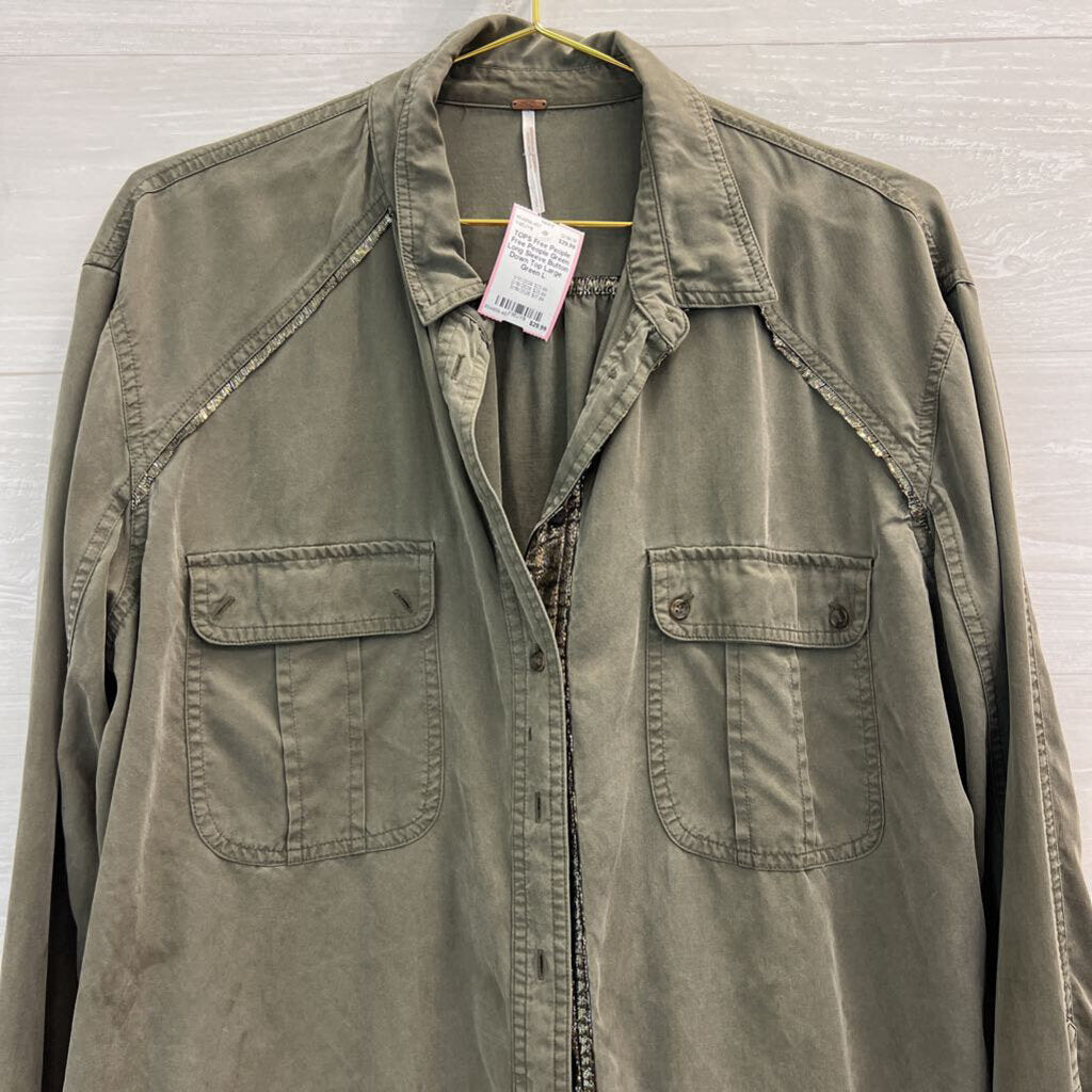 Free People Green Long Sleeve Button Down Top Large