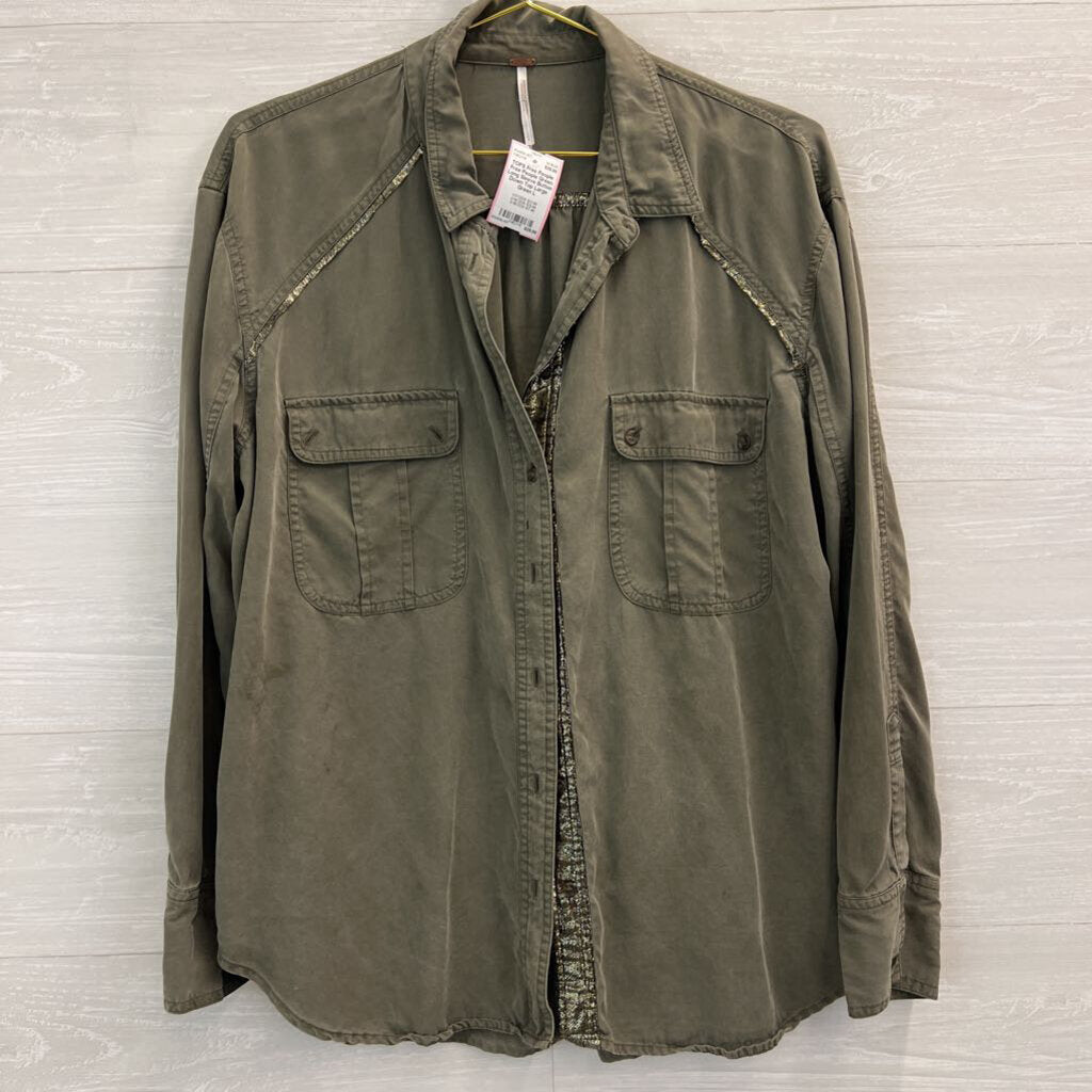 Free People Green Long Sleeve Button Down Top Large
