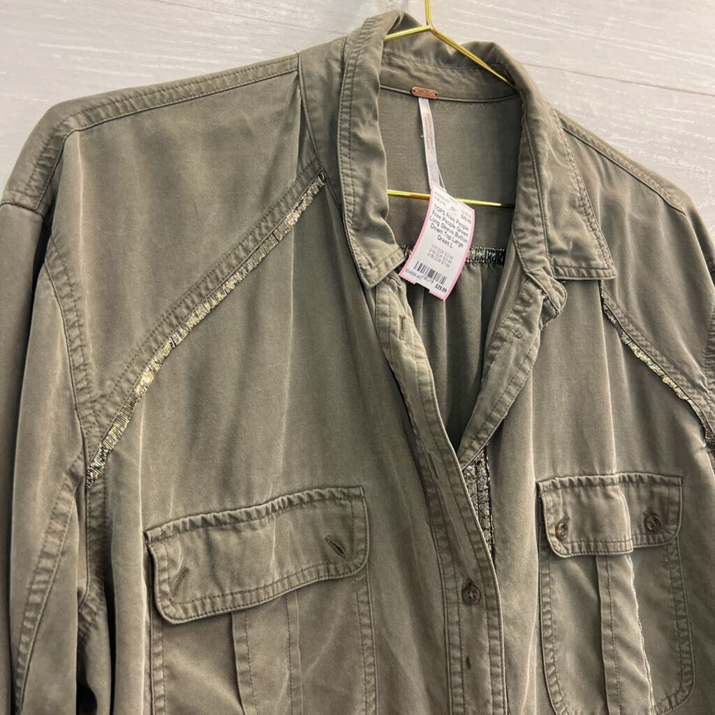 Free People Green Long Sleeve Button Down Top Large