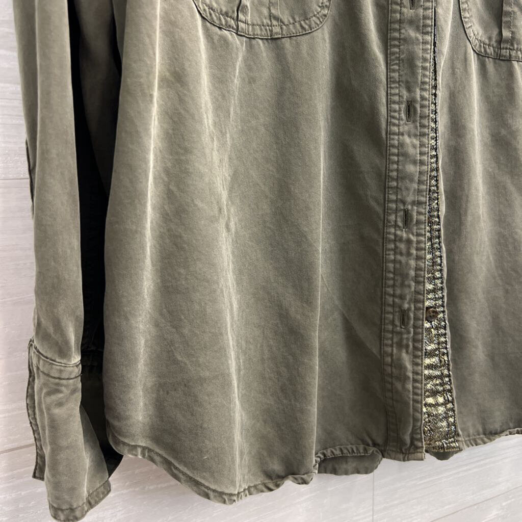 Free People Green Long Sleeve Button Down Top Large