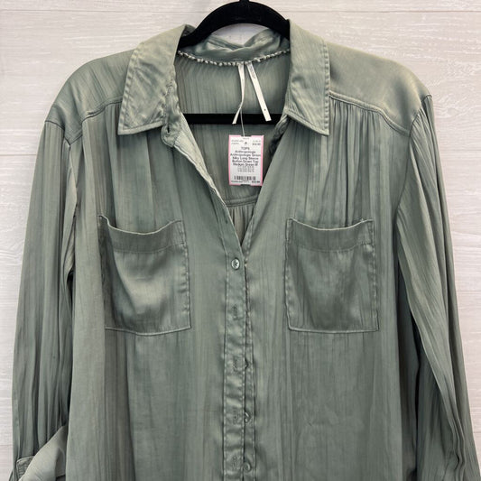 Anthropologie Green Silky Long Sleeve Button Down Top Medium
