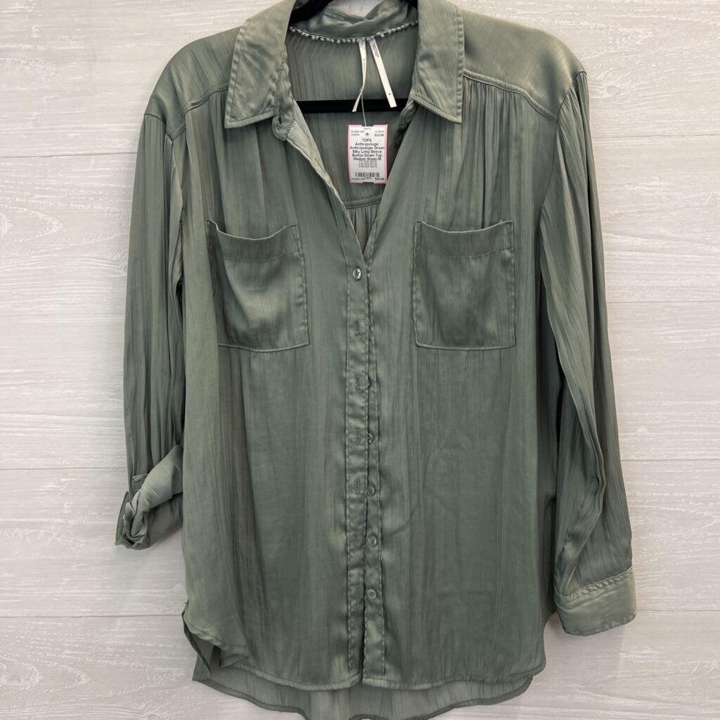 Anthropologie Green Silky Long Sleeve Button Down Top Medium