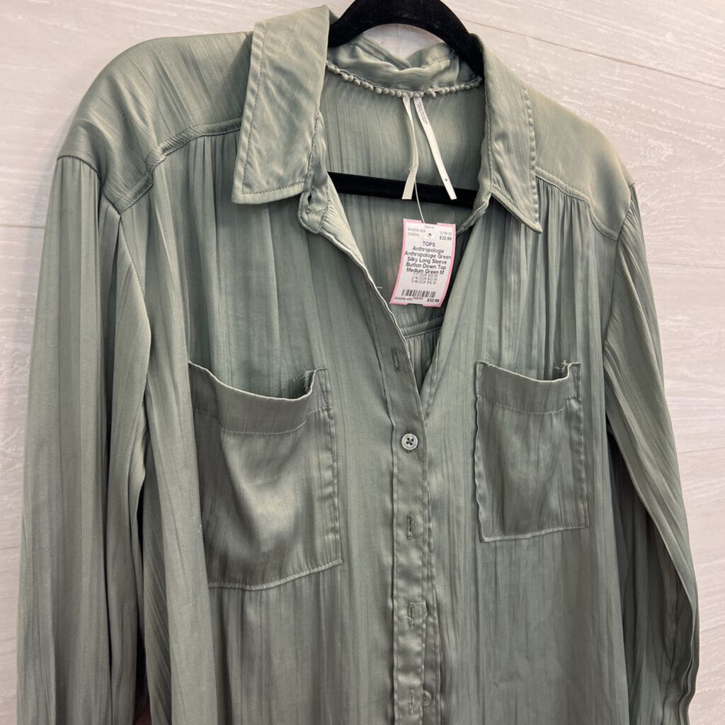 Anthropologie Green Silky Long Sleeve Button Down Top Medium