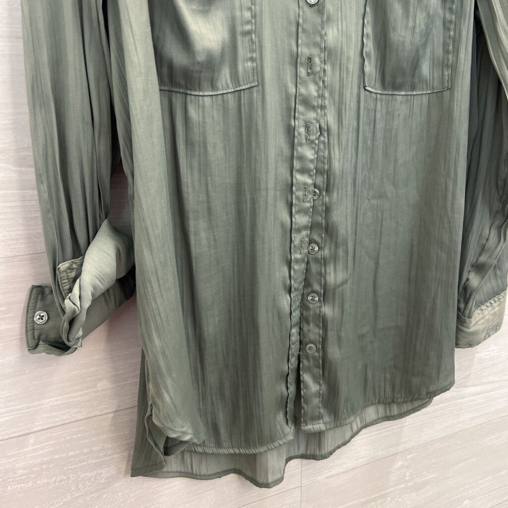 Anthropologie Green Silky Long Sleeve Button Down Top Medium