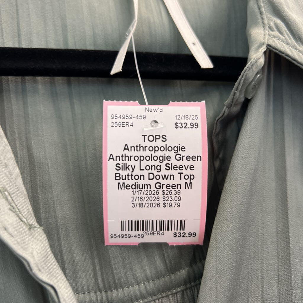 Anthropologie Green Silky Long Sleeve Button Down Top Medium