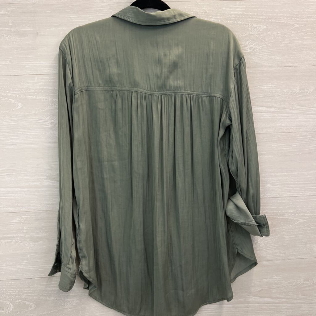 Anthropologie Green Silky Long Sleeve Button Down Top Medium