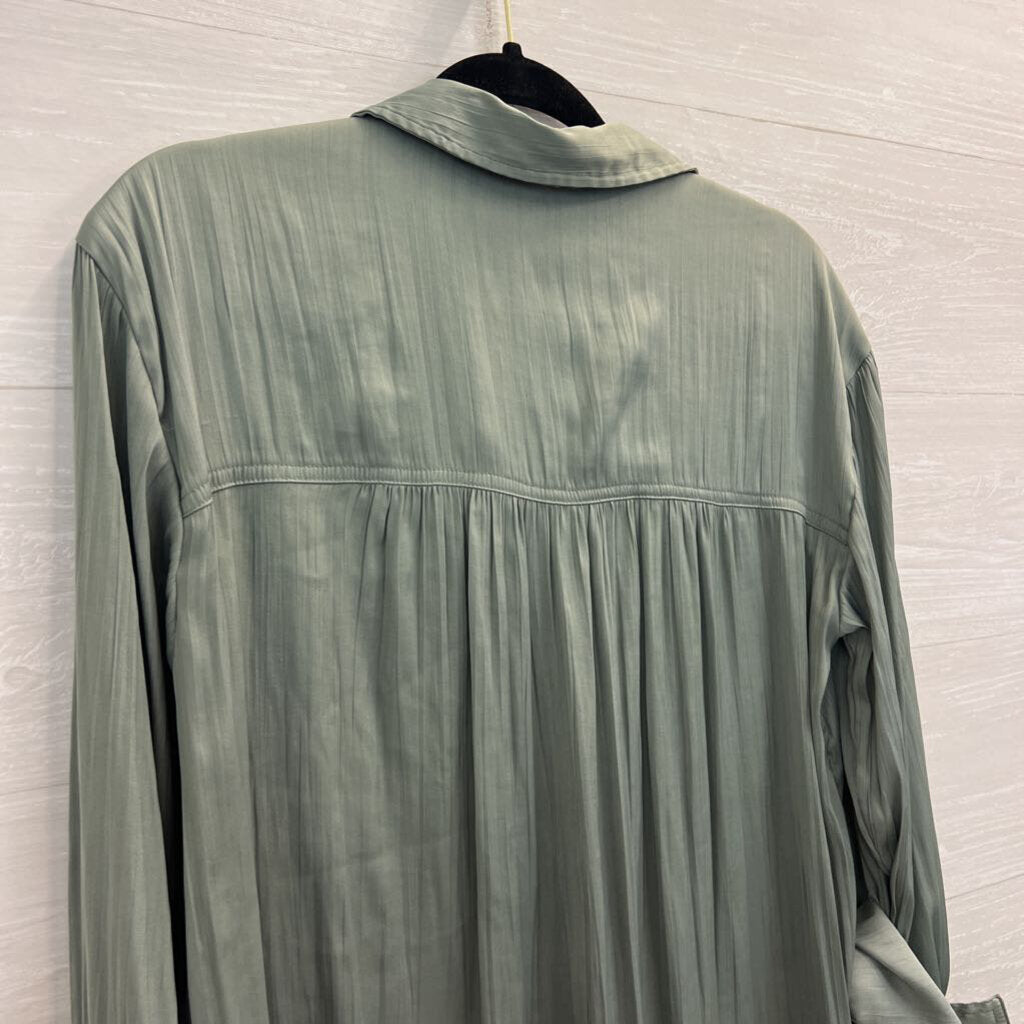 Anthropologie Green Silky Long Sleeve Button Down Top Medium