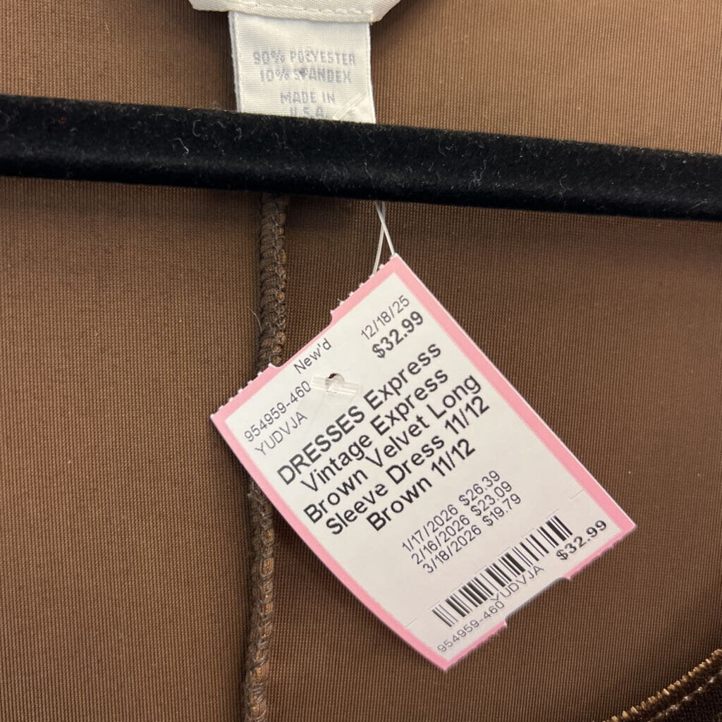 Vintage Express Brown Velvet Long Sleeve Dress 11/12