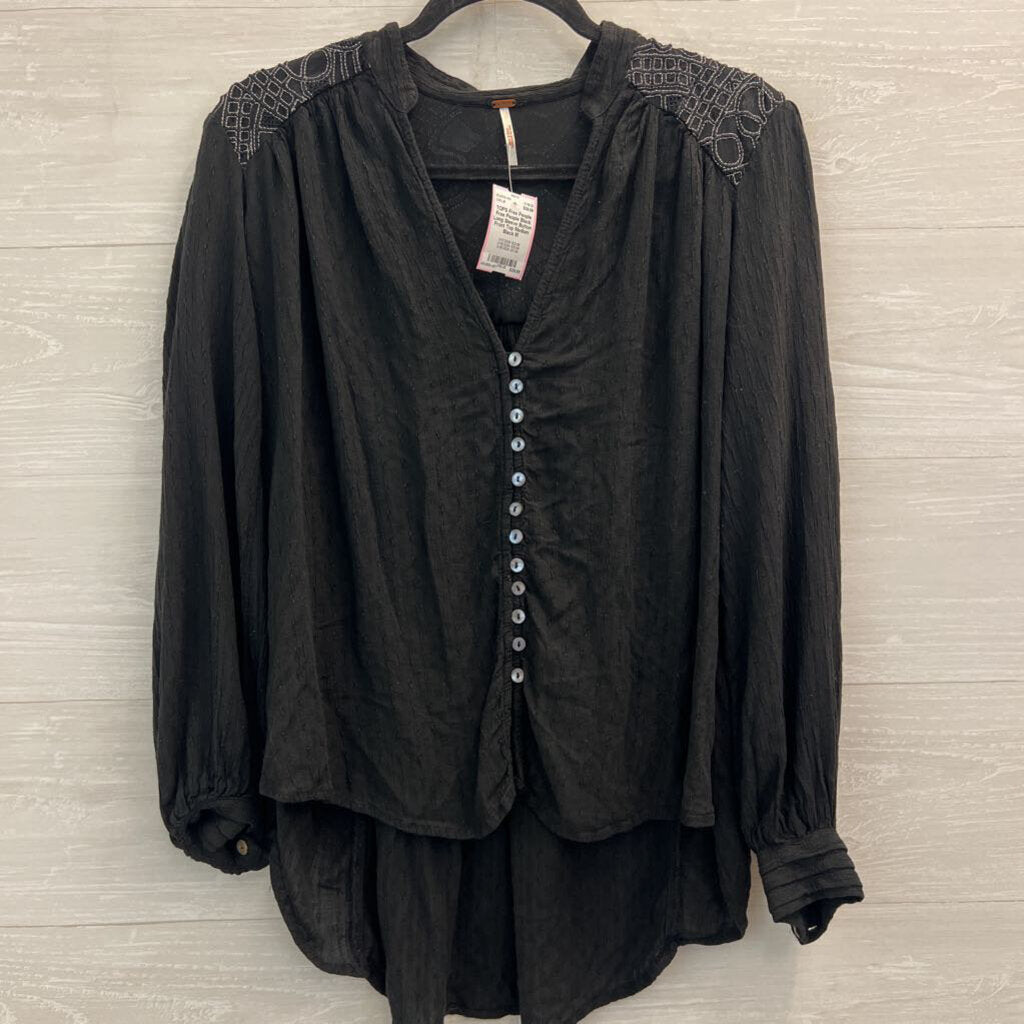 Free People Black Long Sleeve Button Front Top Medium