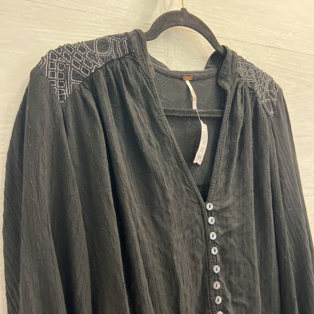 Free People Black Long Sleeve Button Front Top Medium