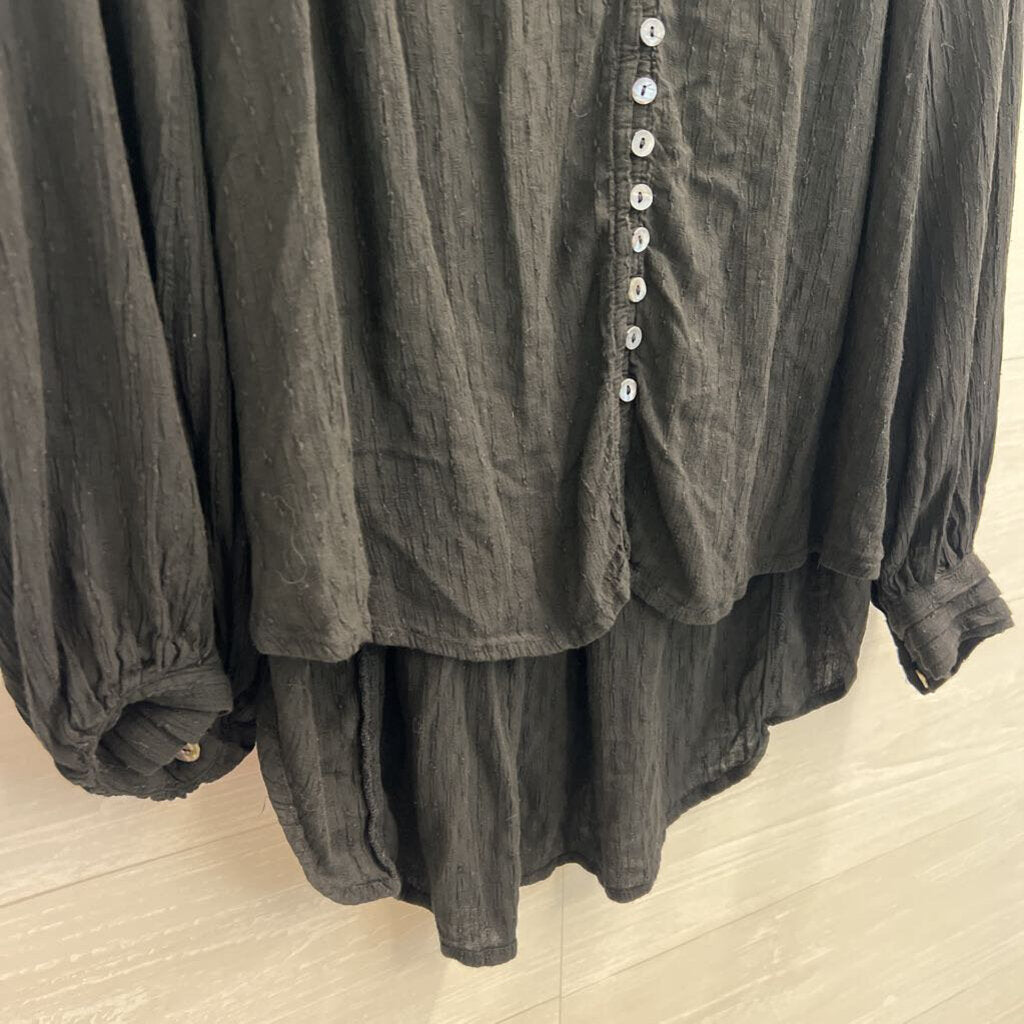 Free People Black Long Sleeve Button Front Top Medium
