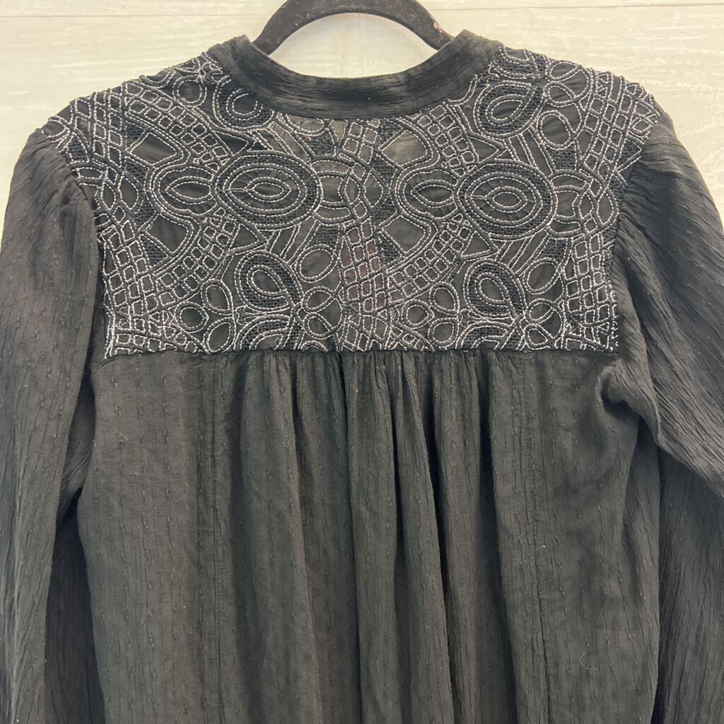 Free People Black Long Sleeve Button Front Top Medium
