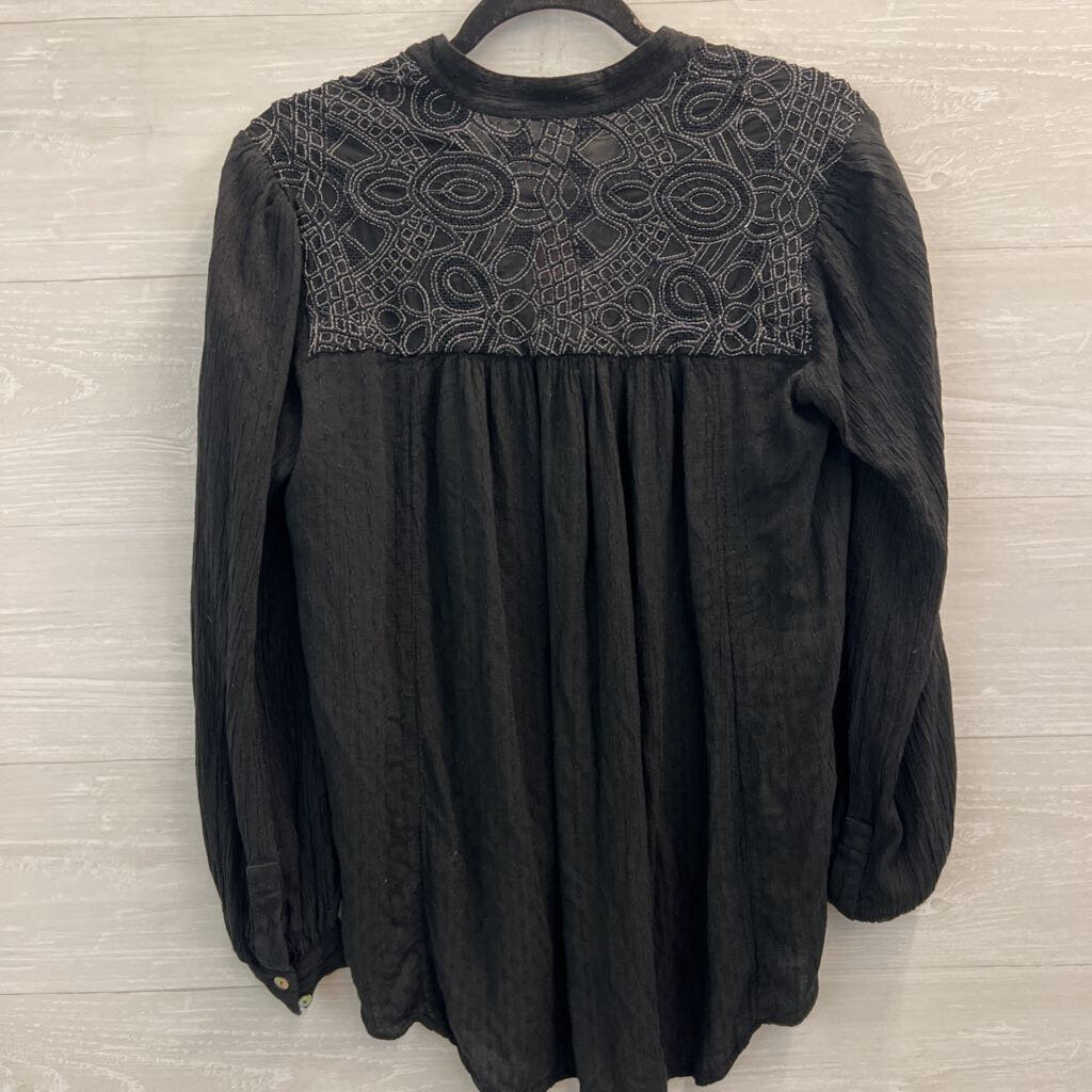 Free People Black Long Sleeve Button Front Top Medium