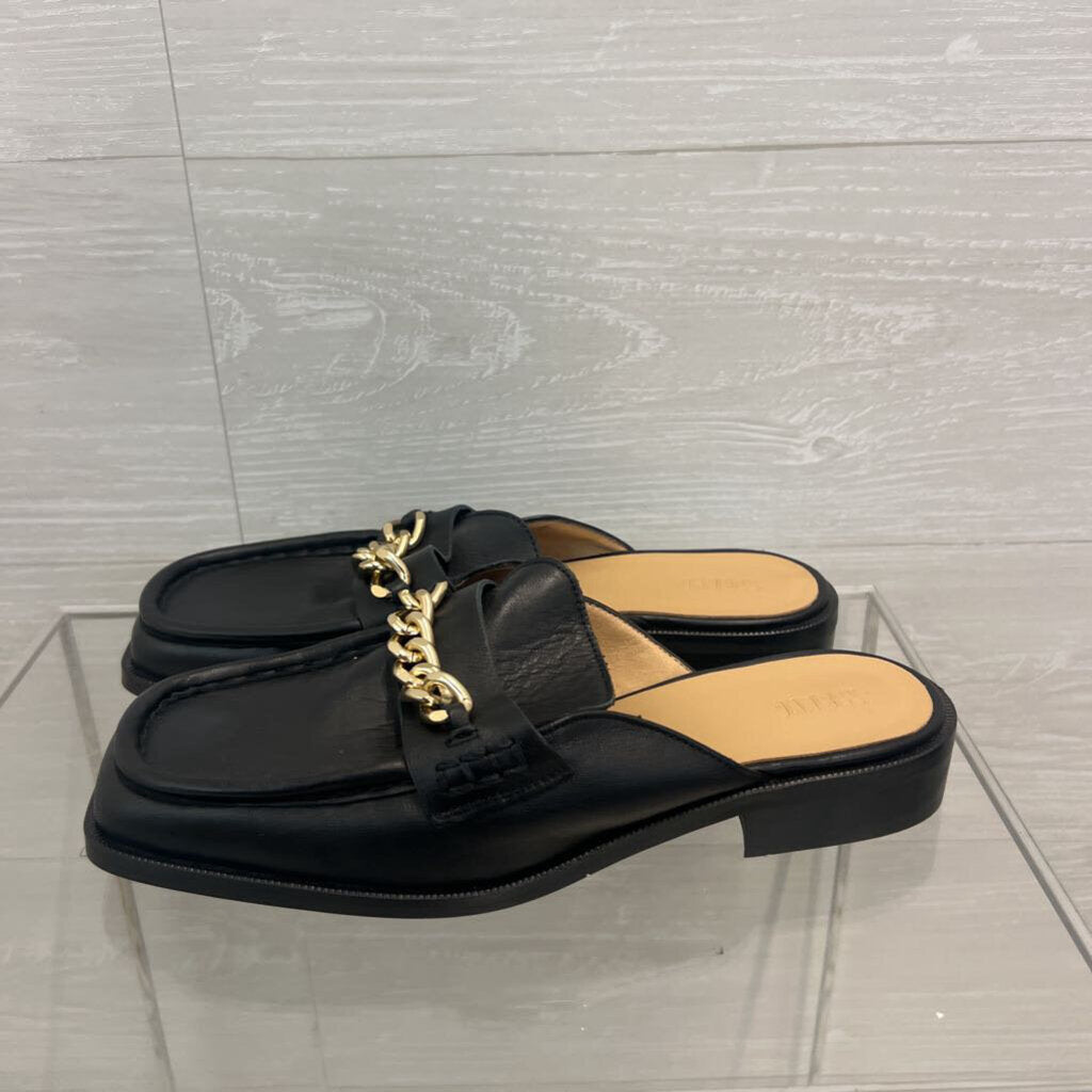 Maeve Black Leather/ Gold Chain Slip On Loafers 38
