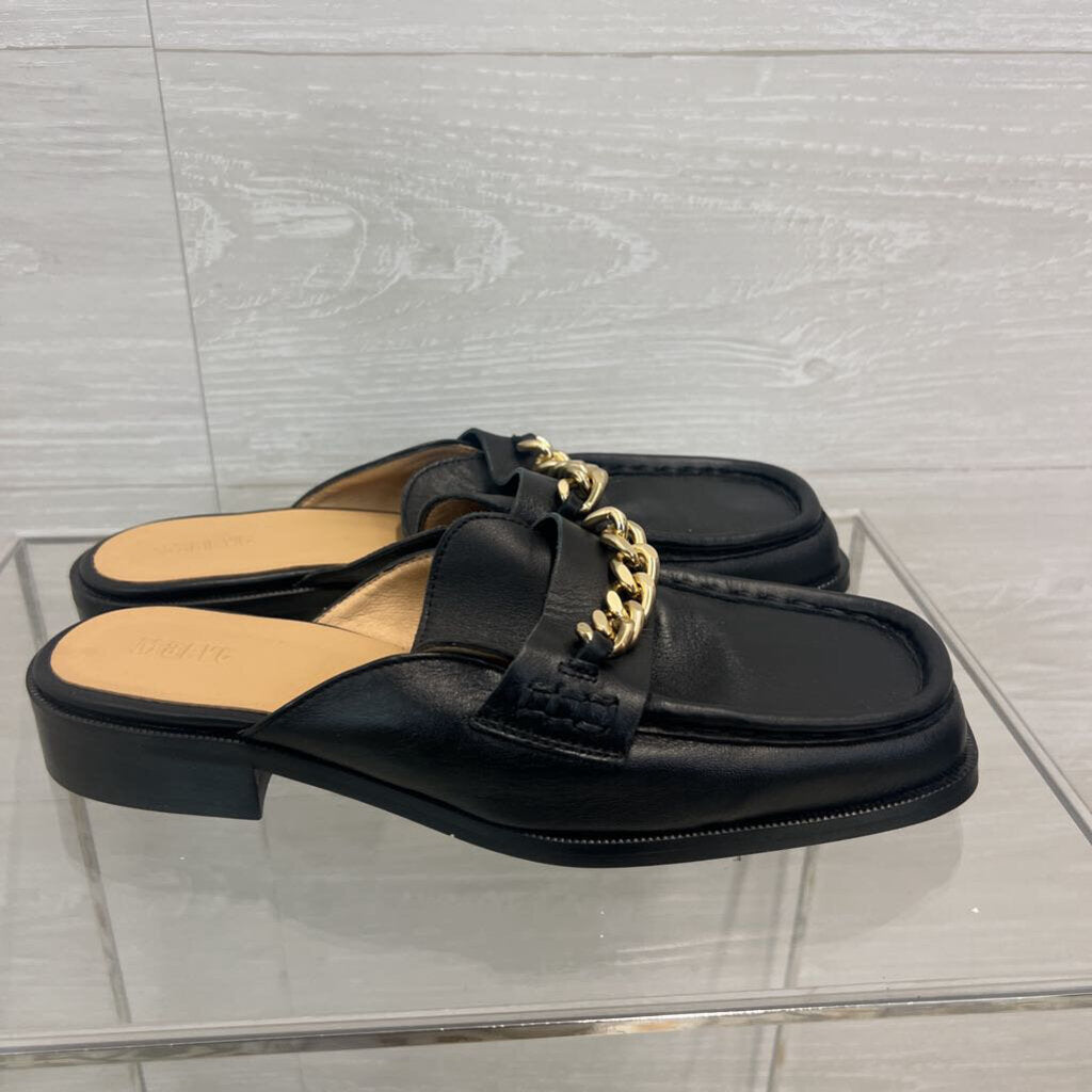 Maeve Black Leather/ Gold Chain Slip On Loafers 38