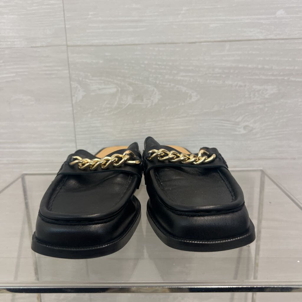 Maeve Black Leather/ Gold Chain Slip On Loafers 38