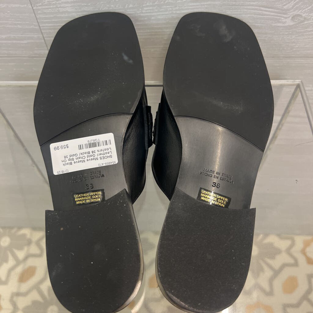 Maeve Black Leather/ Gold Chain Slip On Loafers 38