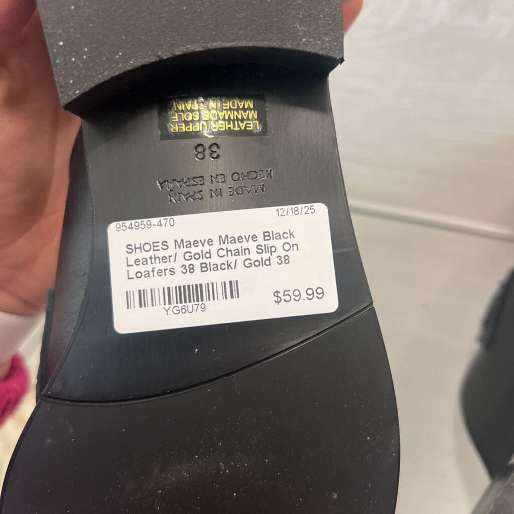 Maeve Black Leather/ Gold Chain Slip On Loafers 38