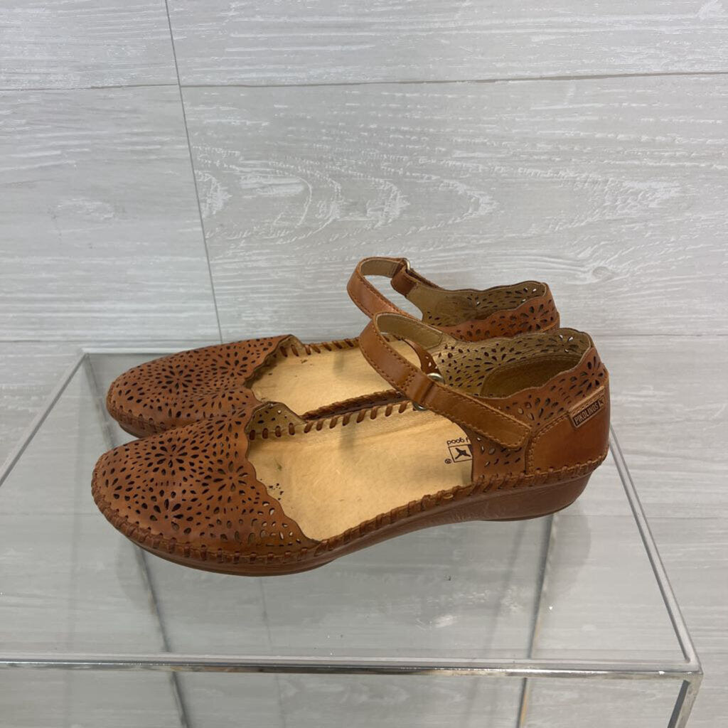 Pikolinos Brown Laser Cut Leather Ankle Strap Shoes 38