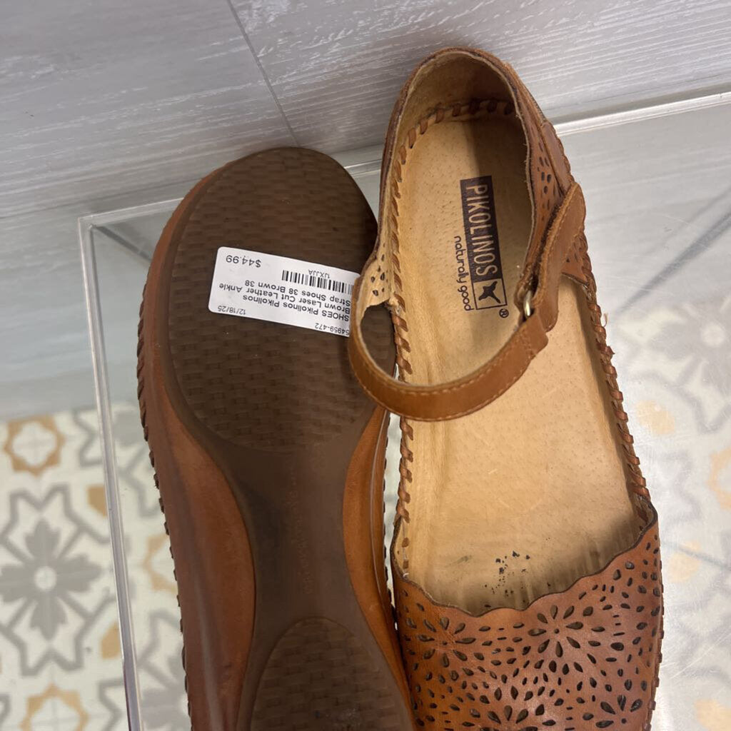 Pikolinos Brown Laser Cut Leather Ankle Strap Shoes 38