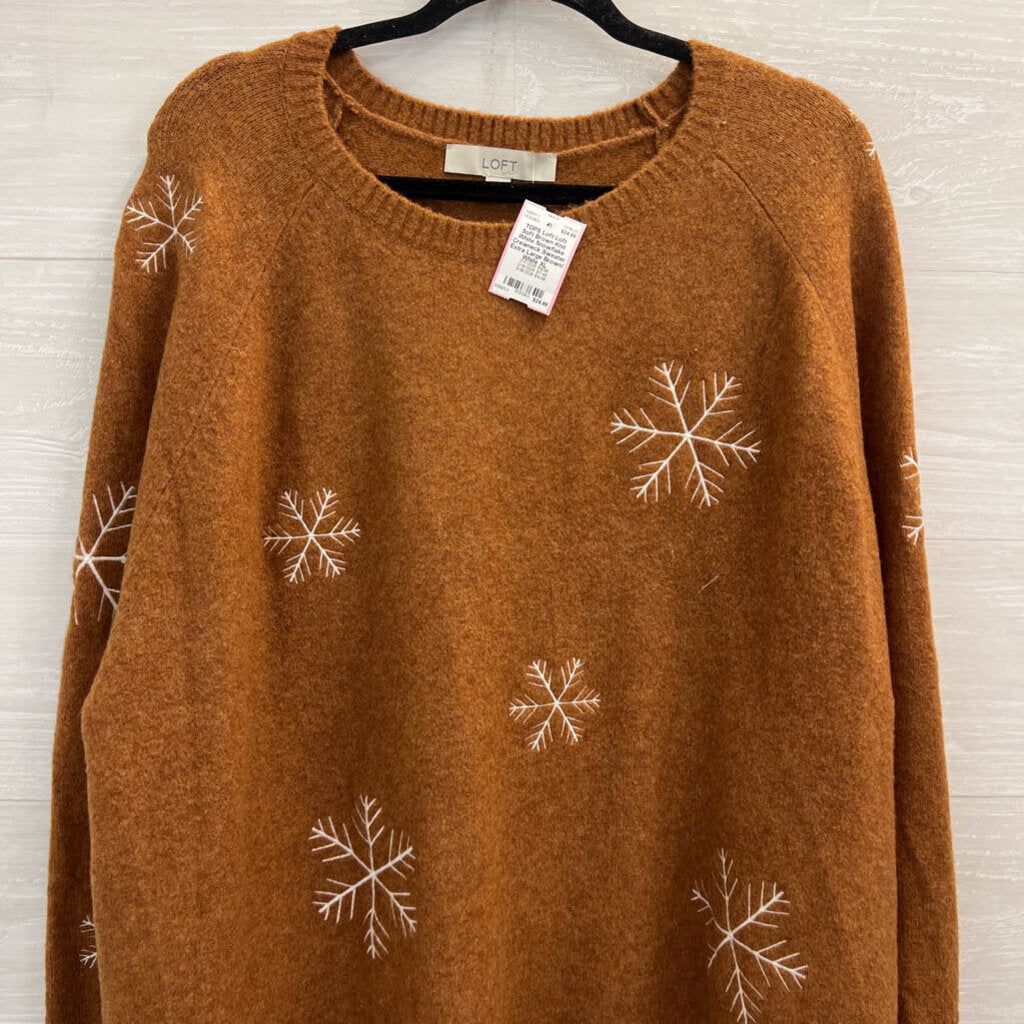 Loft Soft Brown Knit White Snowflake Crewneck Sweater Extra Large