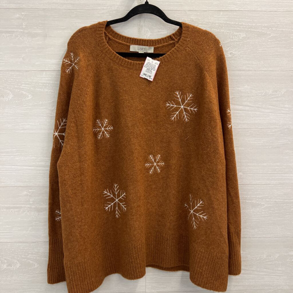 Loft Soft Brown Knit White Snowflake Crewneck Sweater Extra Large