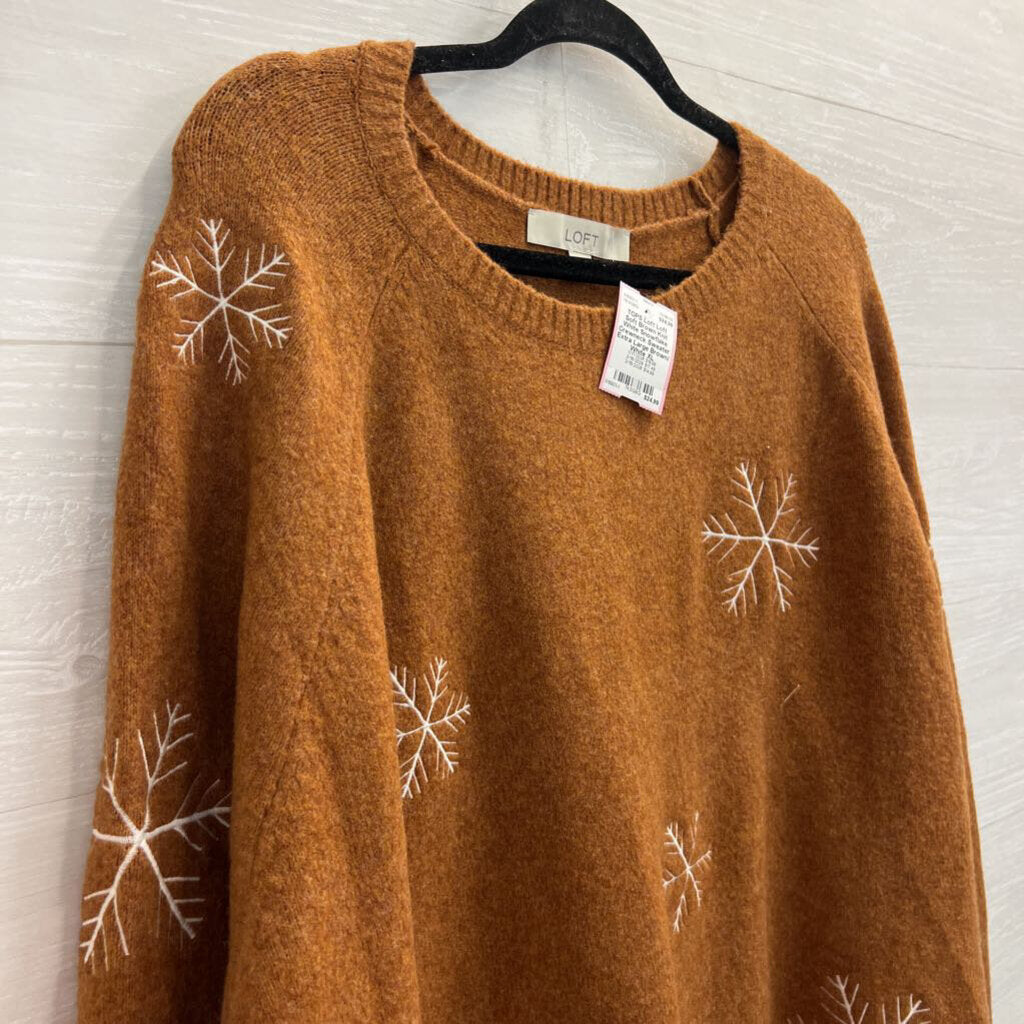 Loft Soft Brown Knit White Snowflake Crewneck Sweater Extra Large