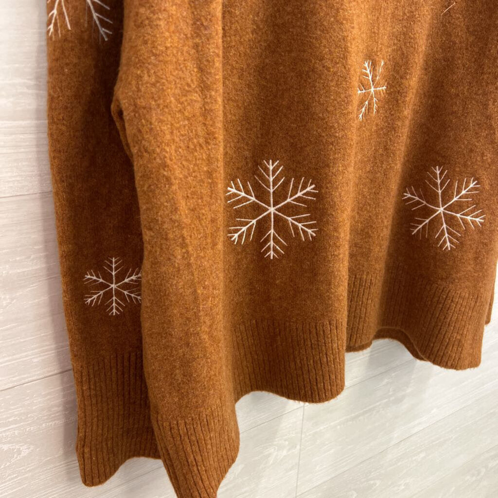 Loft Soft Brown Knit White Snowflake Crewneck Sweater Extra Large