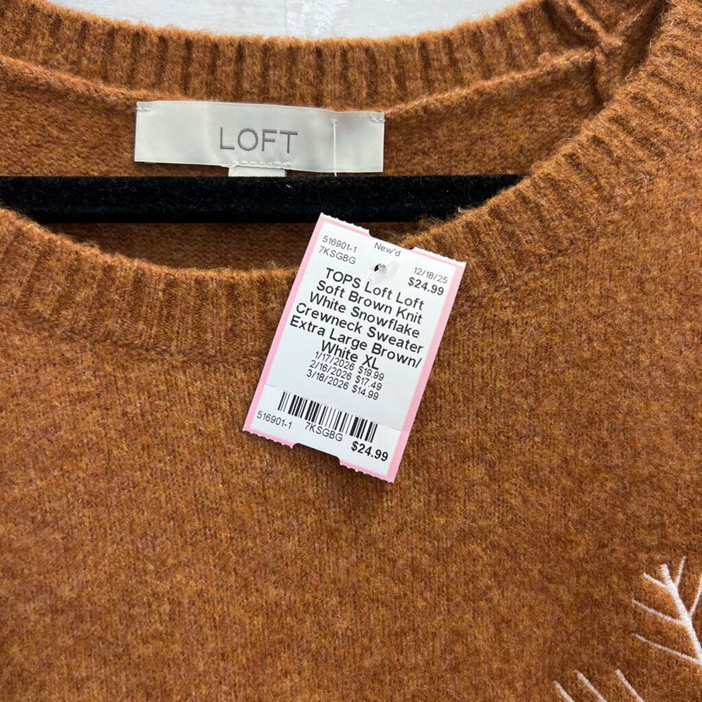 Loft Soft Brown Knit White Snowflake Crewneck Sweater Extra Large