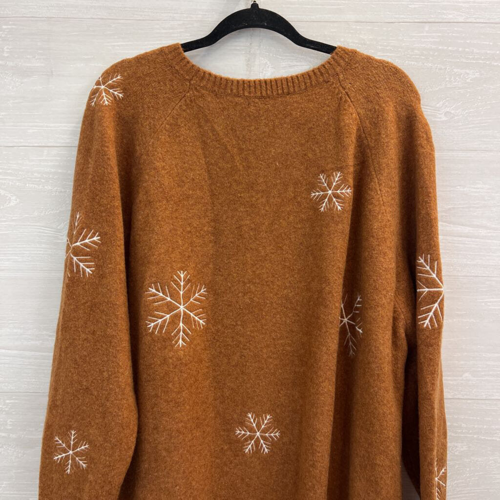 Loft Soft Brown Knit White Snowflake Crewneck Sweater Extra Large