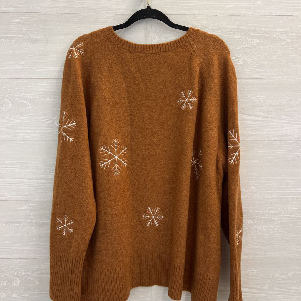 Loft Soft Brown Knit White Snowflake Crewneck Sweater Extra Large