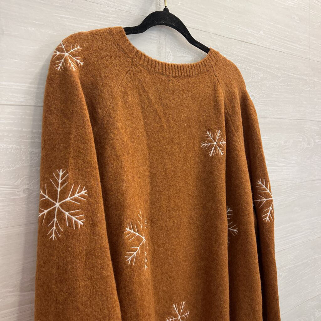 Loft Soft Brown Knit White Snowflake Crewneck Sweater Extra Large