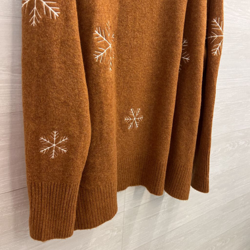 Loft Soft Brown Knit White Snowflake Crewneck Sweater Extra Large