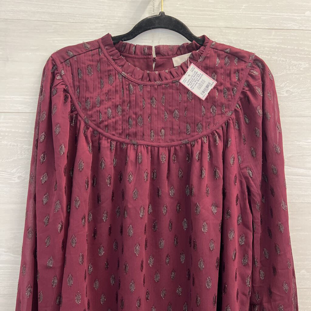 Loft Burgundy Metallic Dot Print Long Sleeve Mock Neck Top Large