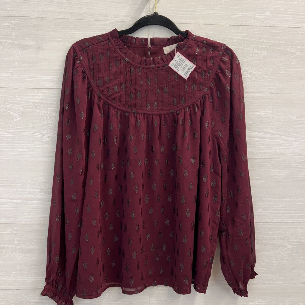 Loft Burgundy Metallic Dot Print Long Sleeve Mock Neck Top Large