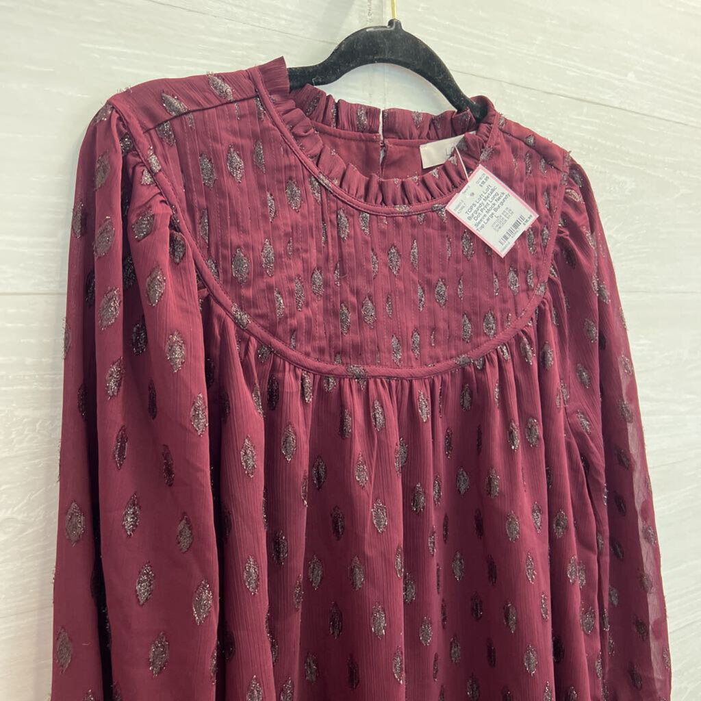 Loft Burgundy Metallic Dot Print Long Sleeve Mock Neck Top Large