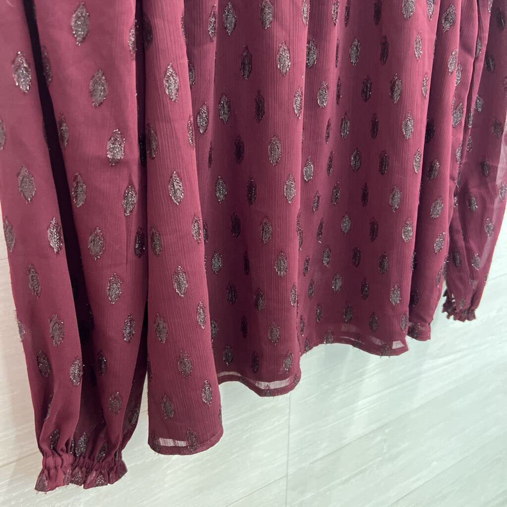 Loft Burgundy Metallic Dot Print Long Sleeve Mock Neck Top Large