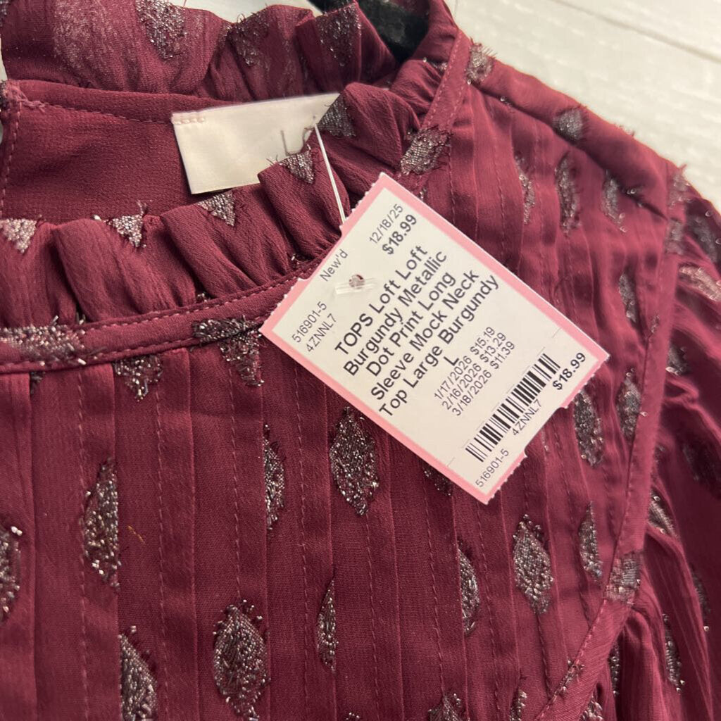 Loft Burgundy Metallic Dot Print Long Sleeve Mock Neck Top Large
