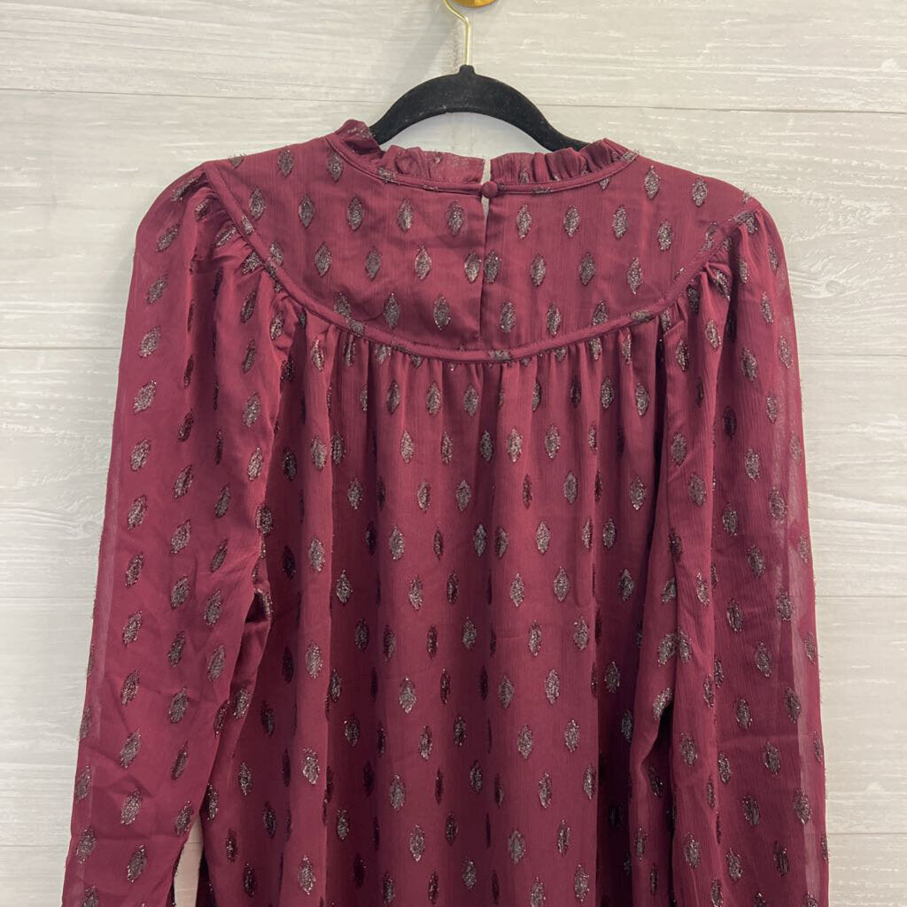 Loft Burgundy Metallic Dot Print Long Sleeve Mock Neck Top Large